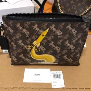 Auth NEW COACH rare Brown Designer Clutch Yellow Rocket Design